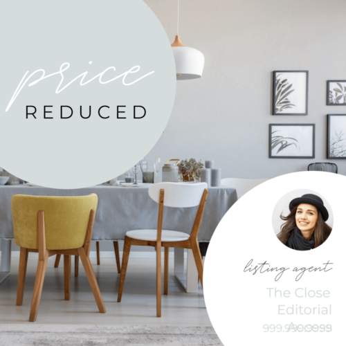 Screenshot of a price reduced post template with an image of a kitchen table in the background and a headshot and contact info in the bottom right corner