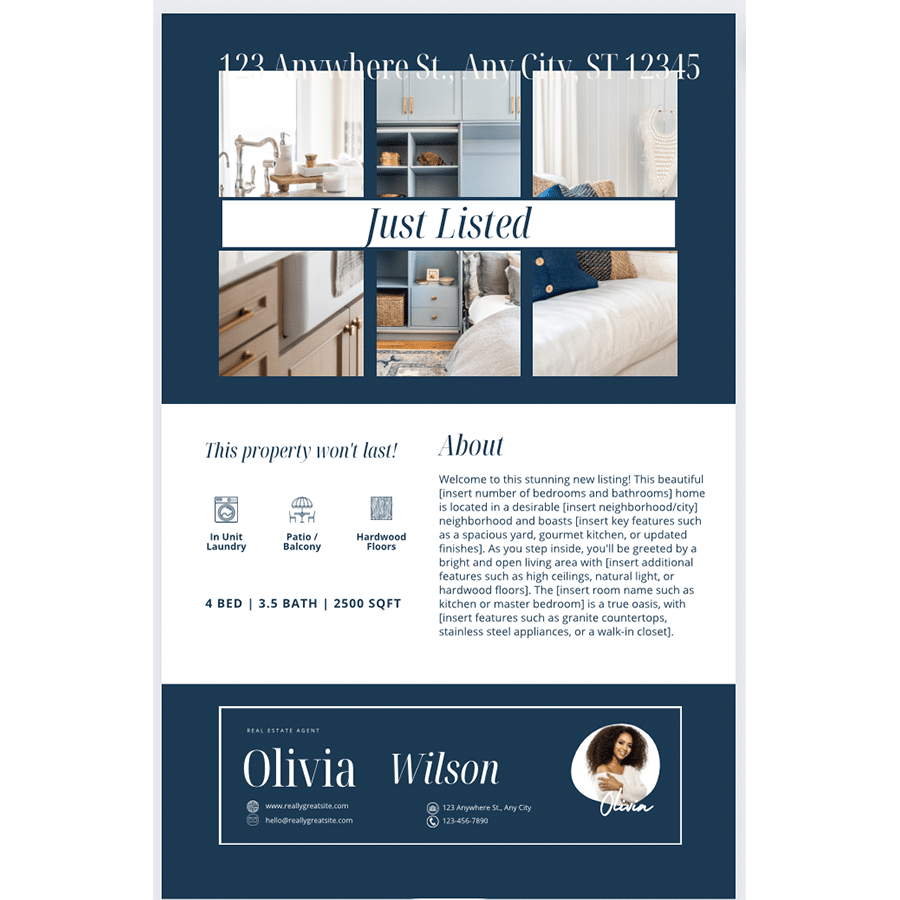 real estate brochure showcasing a new listing with beautiful blue accents.