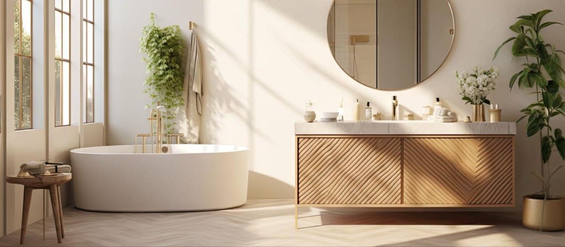 A condo bathroom with morning sun filtering throughout.