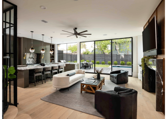 Living room with black and white accents in Victorian home