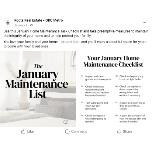 Real estate Facebook post about January maintenance